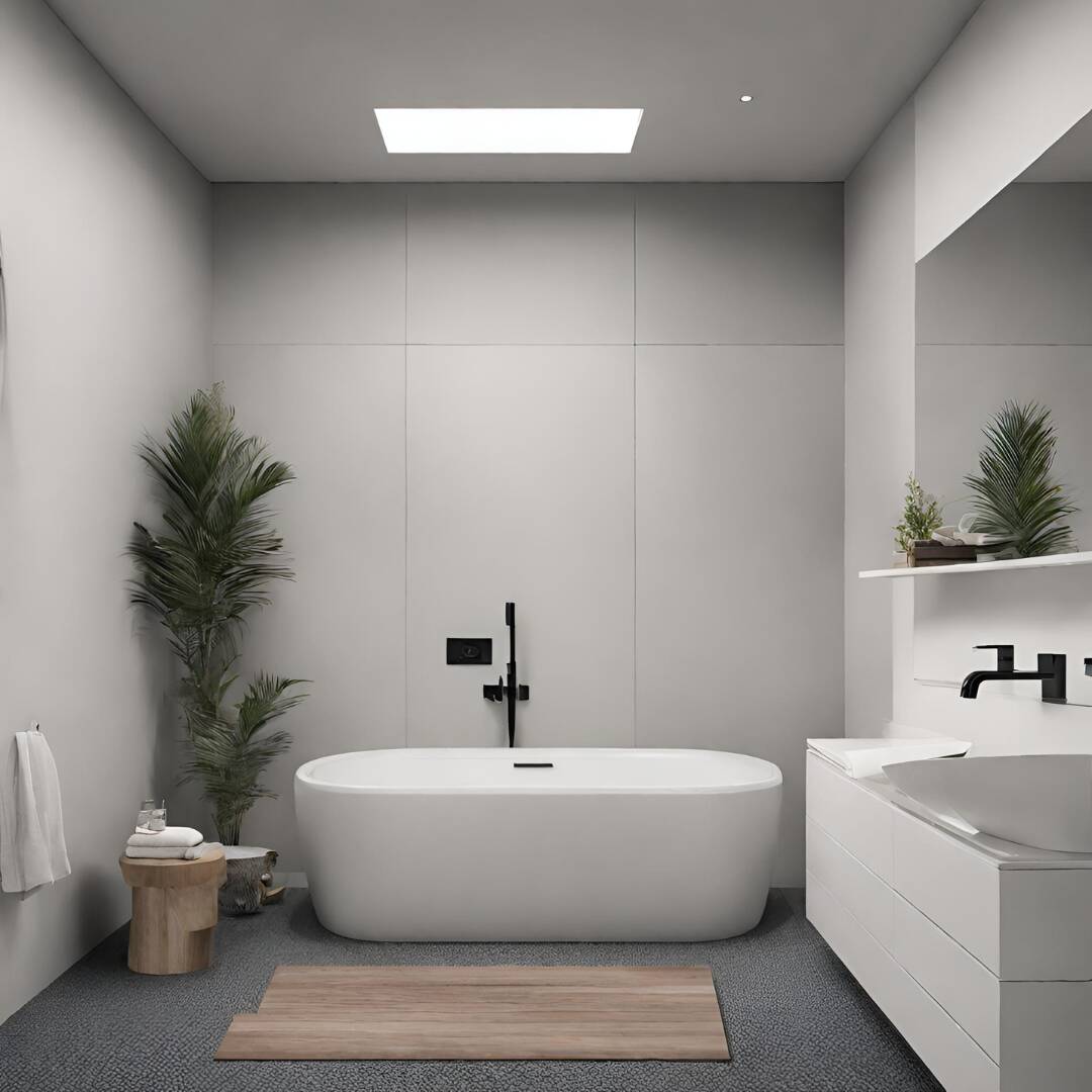 Salle de bain blanche et grise moderne avec baignoire îlot et accessoires en bois avec plantes