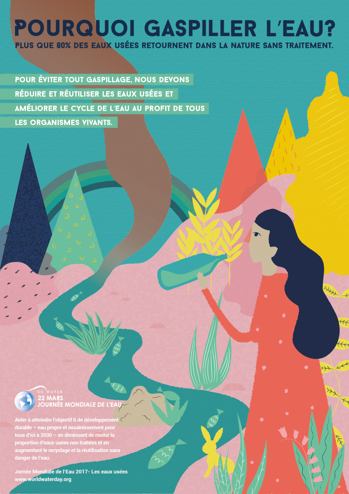 Pourquoi gaspiller l'eau? Plus que 80% des eaux usées retournent dans la nature sans traitement. Poster 22 mars journée mondiale de l'eau.