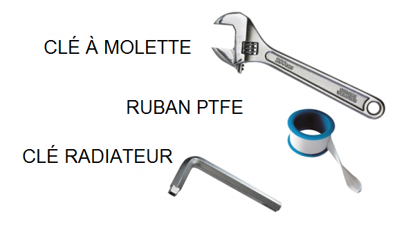 Clé à molette, ruban PTFE, et clé radiateur