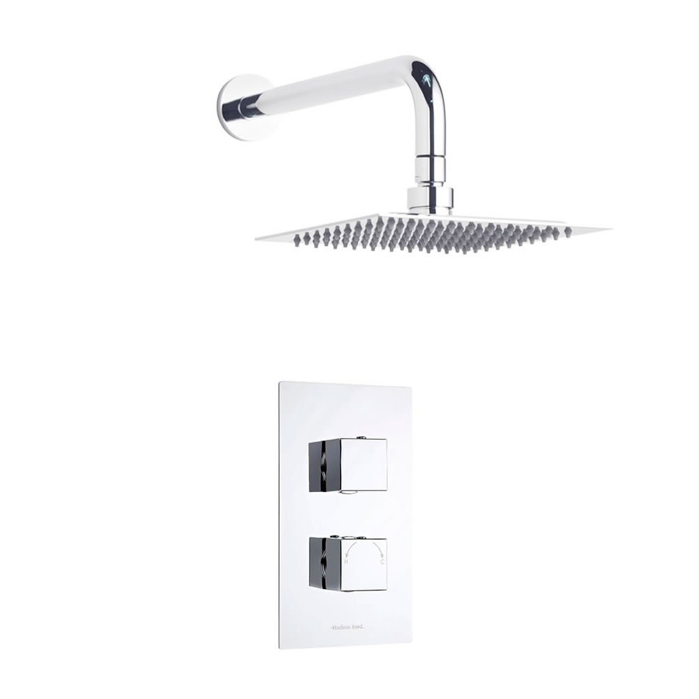 Mitigeur de douche thermostatique chromé et pommeau de douche mural carré – 1 fonction – Kubix