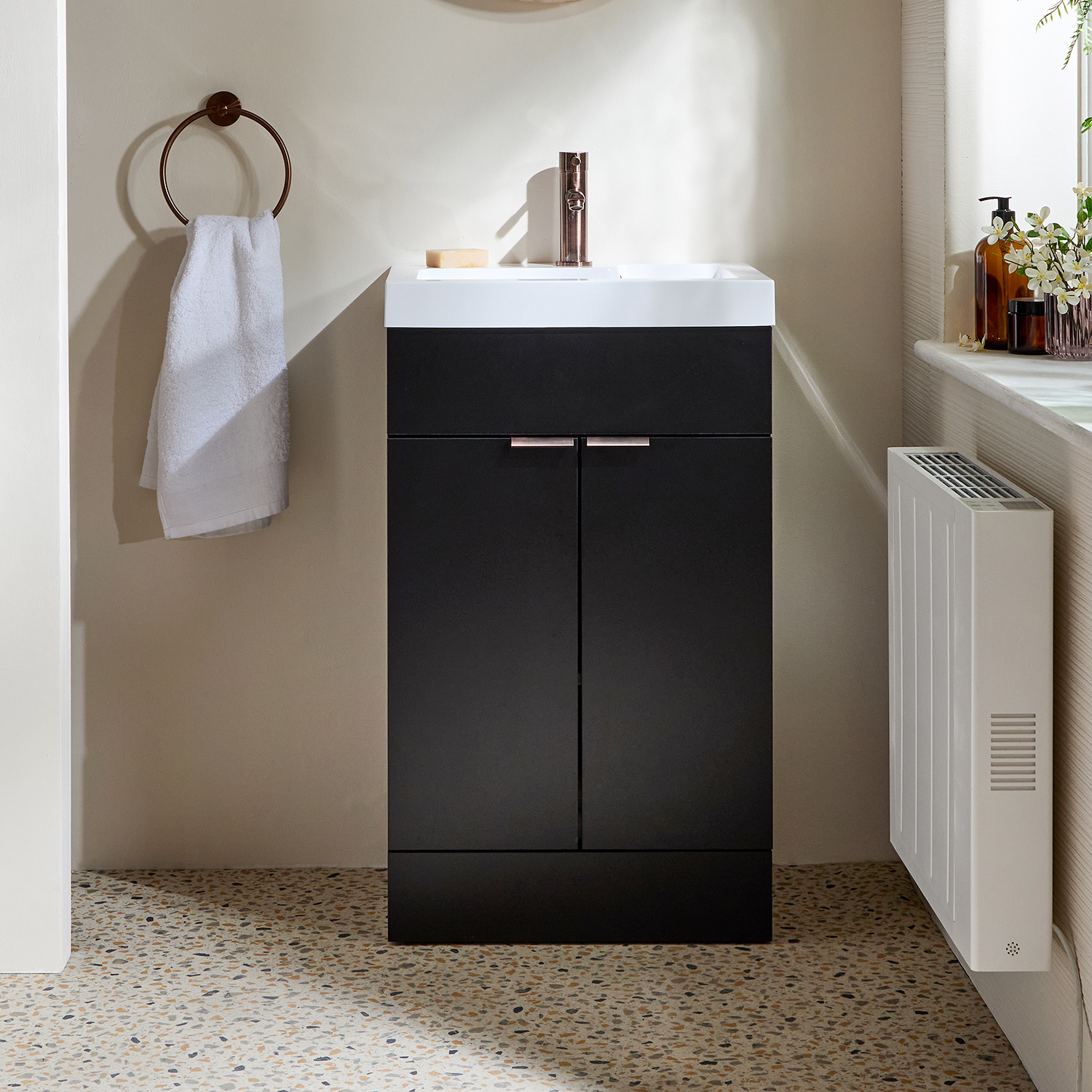 Meuble salle de bain – 50 cm – Gris noir – Avec lavabo – Poignées invisibles cuivrées – Cluo - Hudson Reed