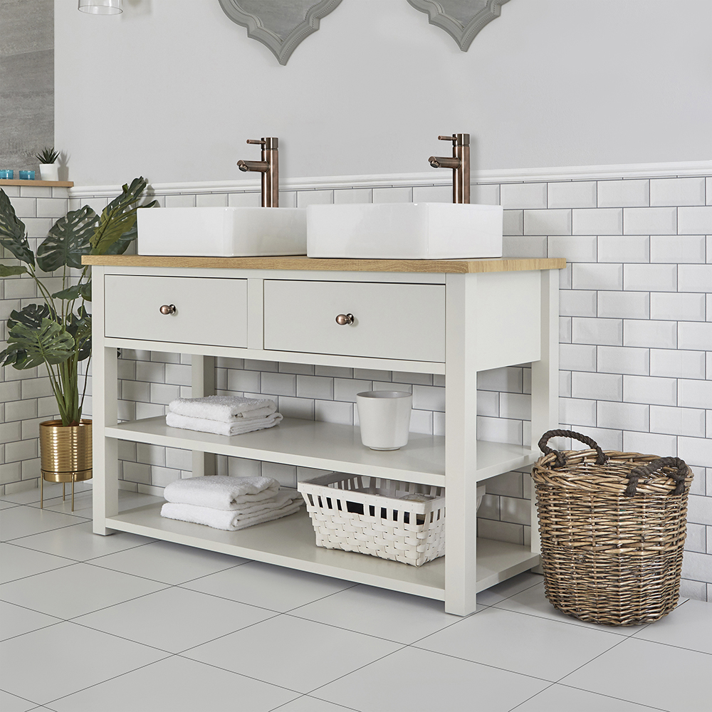 Meuble double vasque rétro – 124 cm – Blanc antique – Choix de vasque et de finition des poignées – 