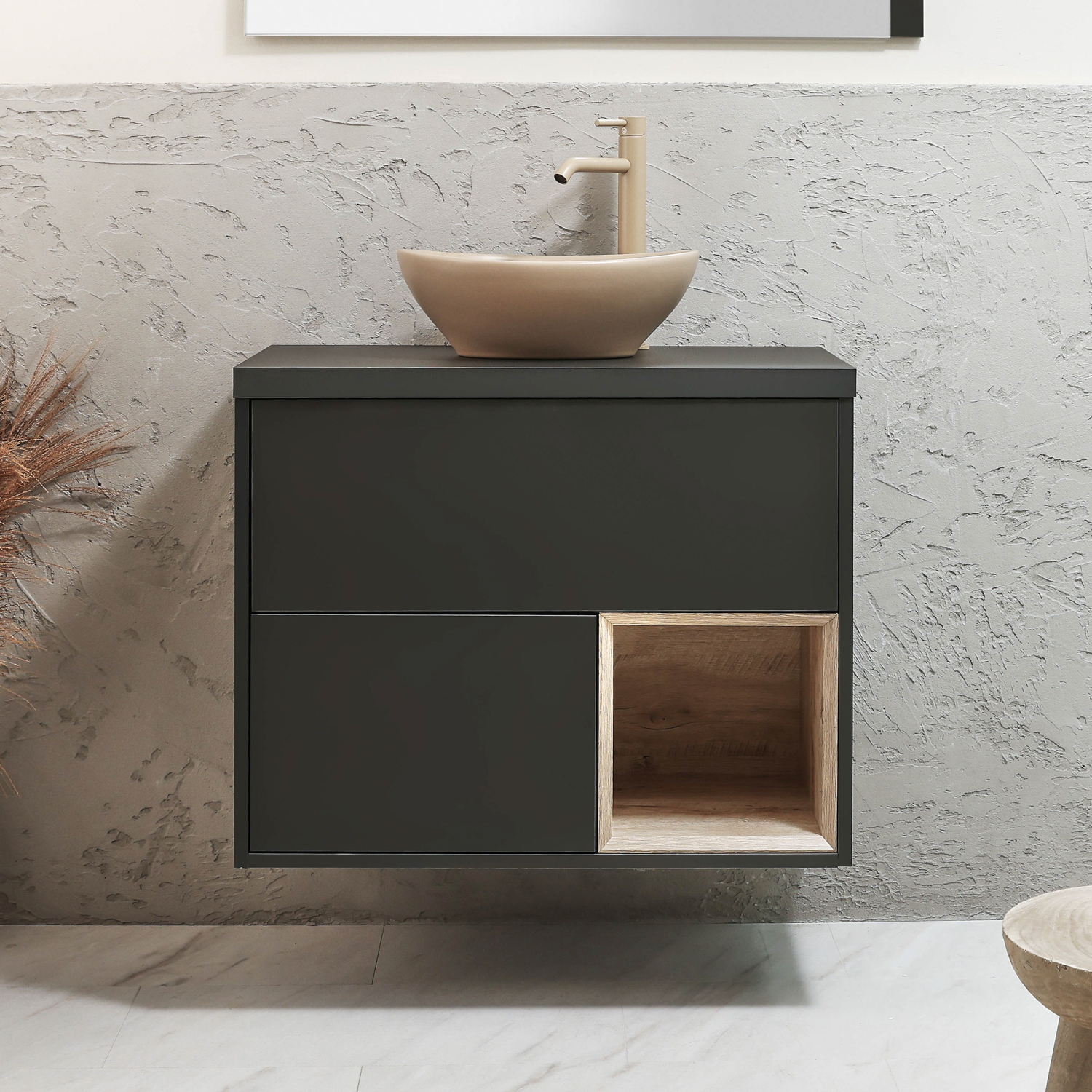 Meuble sous lavabo suspendu - Gris noir - Avec vasque ovale beige (Sand) - 80 cm - Sans LED - Hoxton