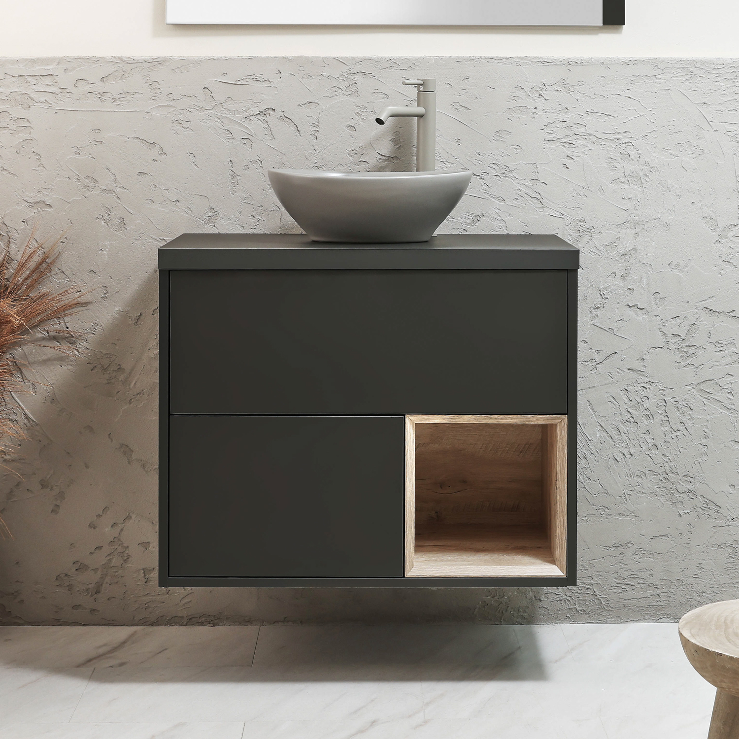 Meuble sous lavabo suspendu - Gris noir - Avec vasque ovale gris (Pebble) - 80 cm - Sans LED - Hoxton