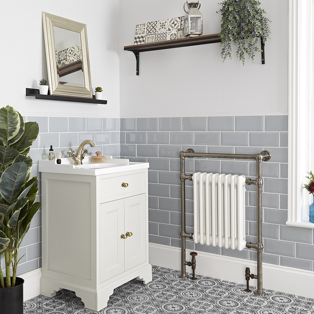 Meuble lavabo rétro – 63 cm – Blanc antique – Avec lavabo – Choix de finition de la poignée – Thornt