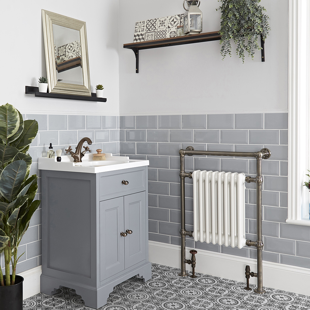 Meuble lavabo rétro – 63 cm – Gris clair – Avec lavabo – Choix de finition de la poignée – Thornton