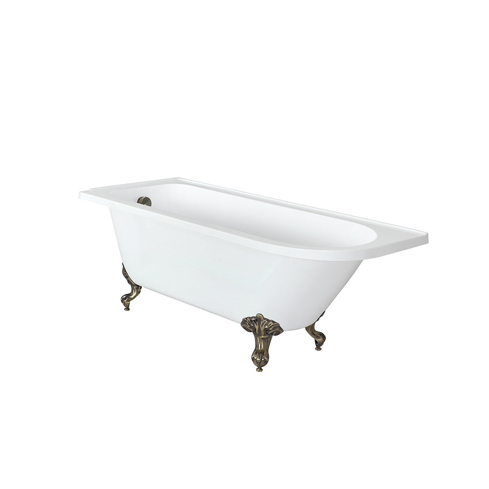 Baignoire semi-îlot rétro d’angle – Blanc – 168,5 cm x 75 cm – Pieds or brossé – Option d’angle droi