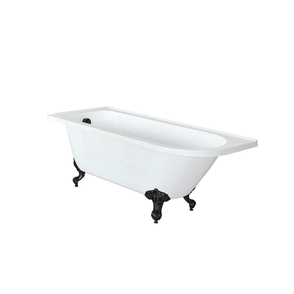 Baignoire semi-îlot rétro d’angle – Blanc – 168,5 cm x 75 cm – Pieds noirs – Option d’angle droit ou