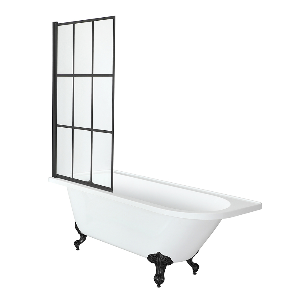 Baignoire semi-îlot rétro d’angle avec pare-baignoire verrière – Blanc – 168,5 cm x 75 cm – Pieds no