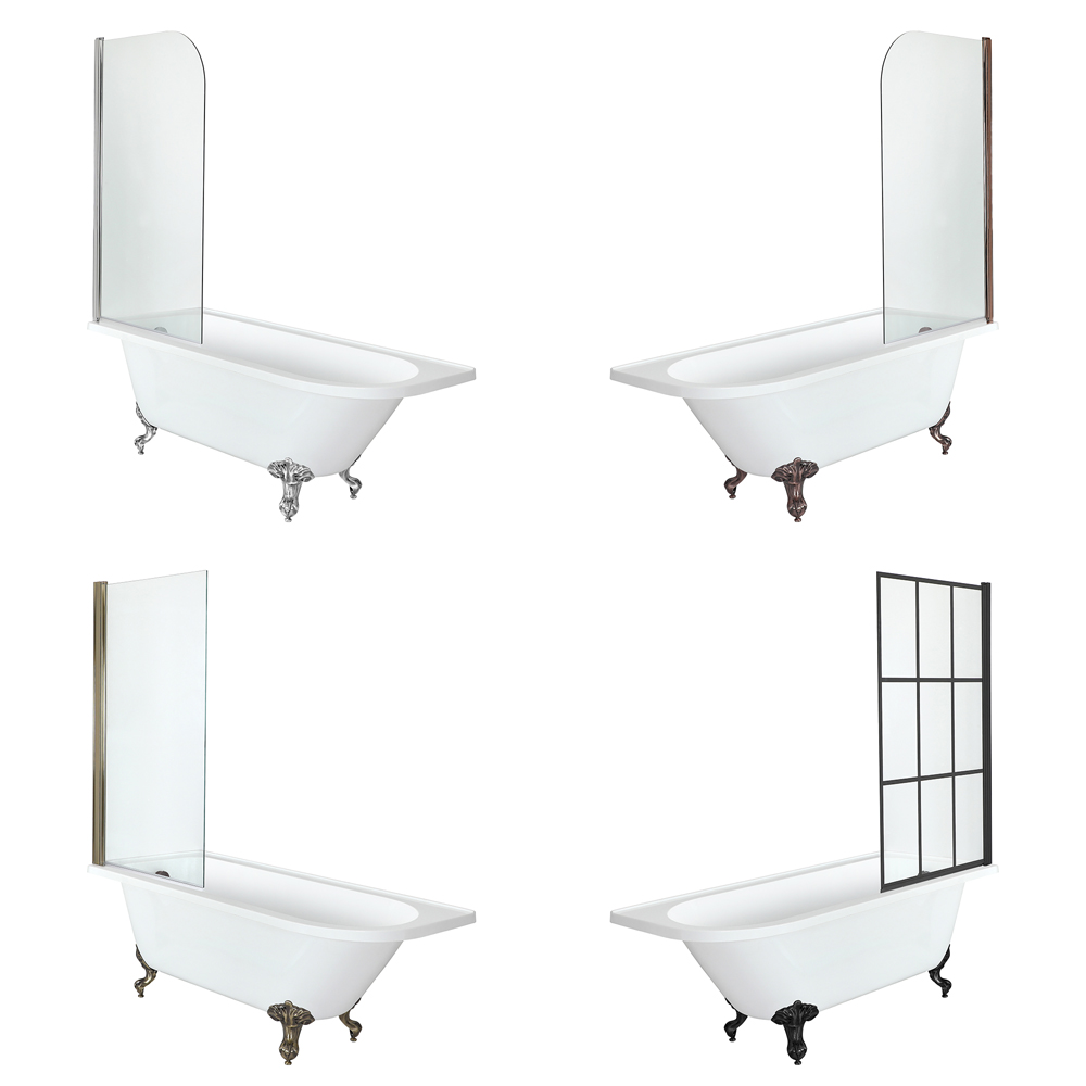 Baignoire semi-îlot rétro d’angle avec pare-baignoire – Blanc – 168,5 cm x 75 cm – Choix de pieds – 