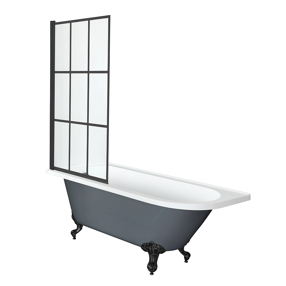 Baignoire semi-îlot rétro d’angle avec pare-baignoire verrière – Gris pierre – 168,5 cm x 75 cm – Pi