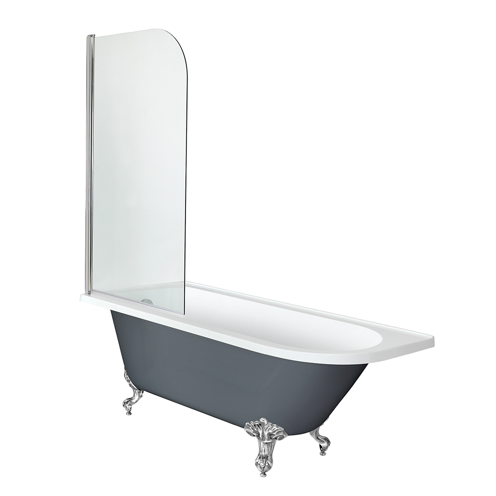 Baignoire semi-îlot rétro d’angle avec pare-baignoire – Gris pierre – 168,5 cm x 75 cm – Pieds chrom