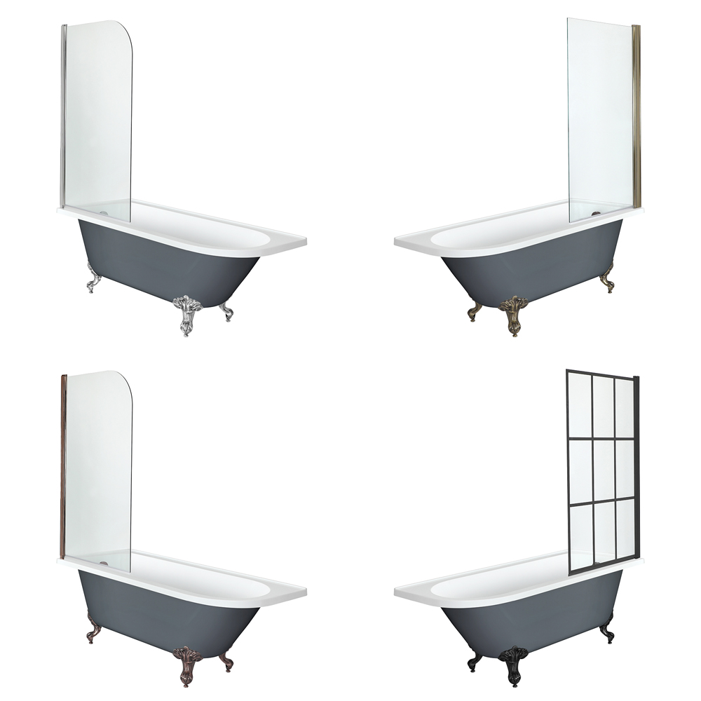 Baignoire semi-îlot rétro d’angle avec pare-baignoire – Gris pierre – 168,5 cm x 75 cm – Choix de pi