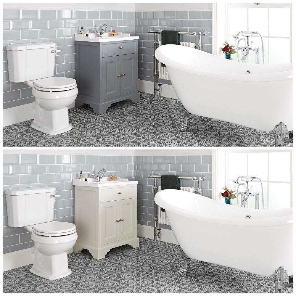 Ensemble de salle de bain rétro avec baignoire îlot, meuble sous lavabo 63 cm et pack WC – Thornton