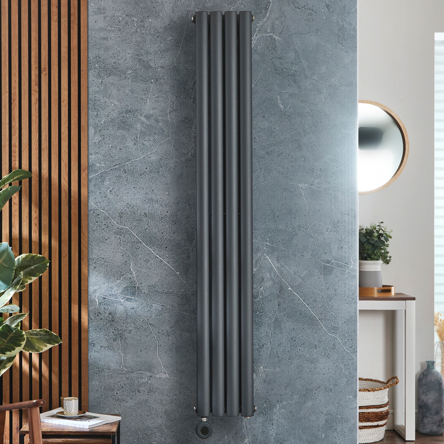 Radiateur électrique vertical - Inertie Fluide - Chauffage Design Connecté WiFi - Thermostat - Prise - Anthracite - Vitality x Hudson Reed