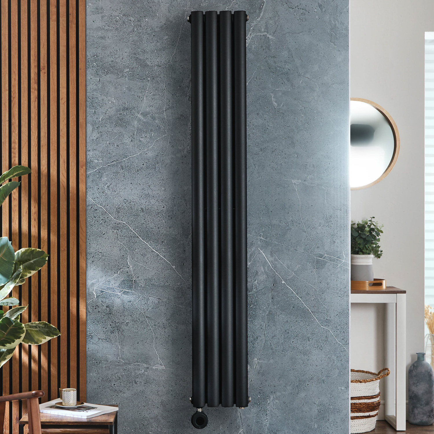 Radiateur design électrique vertical – Noir – 160 x 23,6 cm – 2 rang – Thermostat – Câblé – Vitality – ECOSO x Hudson Reed