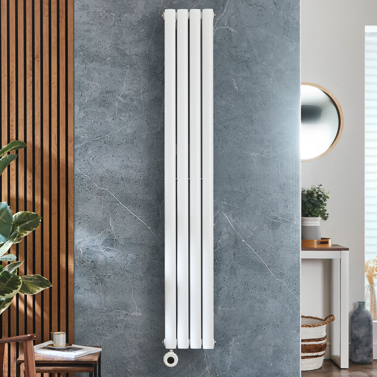 Radiateur électrique vertical - Inertie Fluide - Chauffage Design Connecté WiFi - Thermostat - Blanc - Prise - Vitality x Hudson Reed