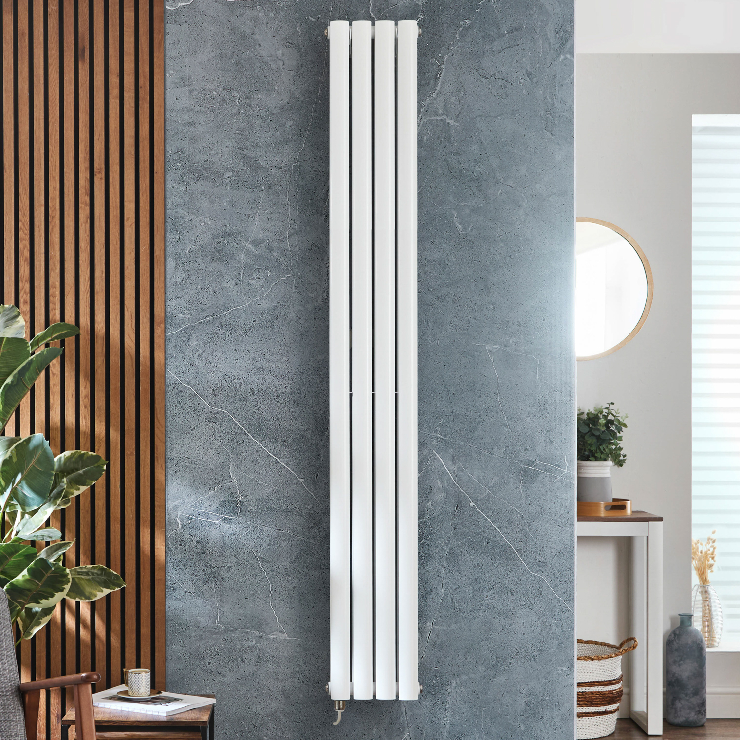 Radiateur design électrique vertical – Blanc – 160 x 23,6 cm – Thermostat – Câblé – Vitality – ECOSO x Hudson Reed