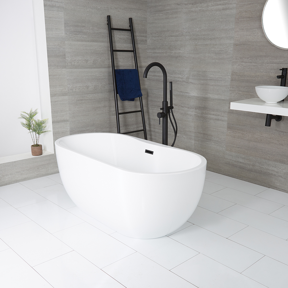 Baignoire îlot moderne ovale – Blanc – 155,5 cm x 74,5 cm – Choix de finition du trop-plein – Ottert