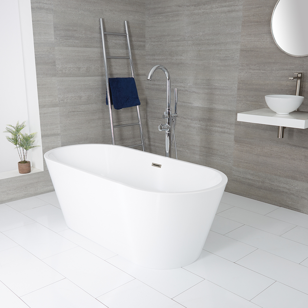 Baignoire îlot moderne ovale – Blanc – 169,5 cm x 75 cm – Choix de finition du trop-plein – Covelly