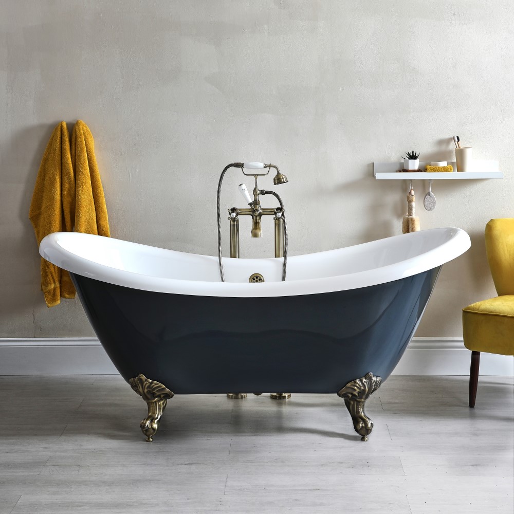 Baignoire îlot à double dos rétro – 175 cm x 73 cm - Gris pierre – Pieds or brossé - Elton