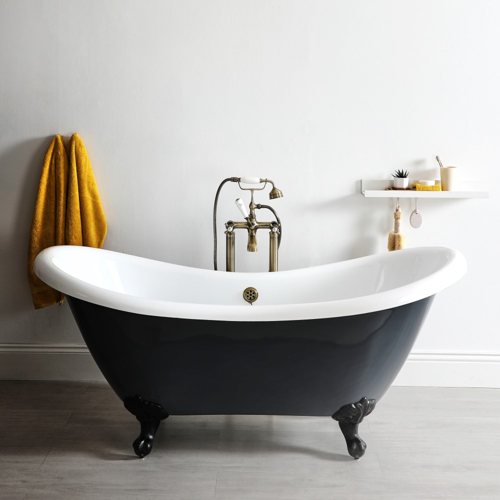 Baignoire îlot à double dos rétro – 175 cm x 73 cm - Gris pierre – Pieds noirs - Elton