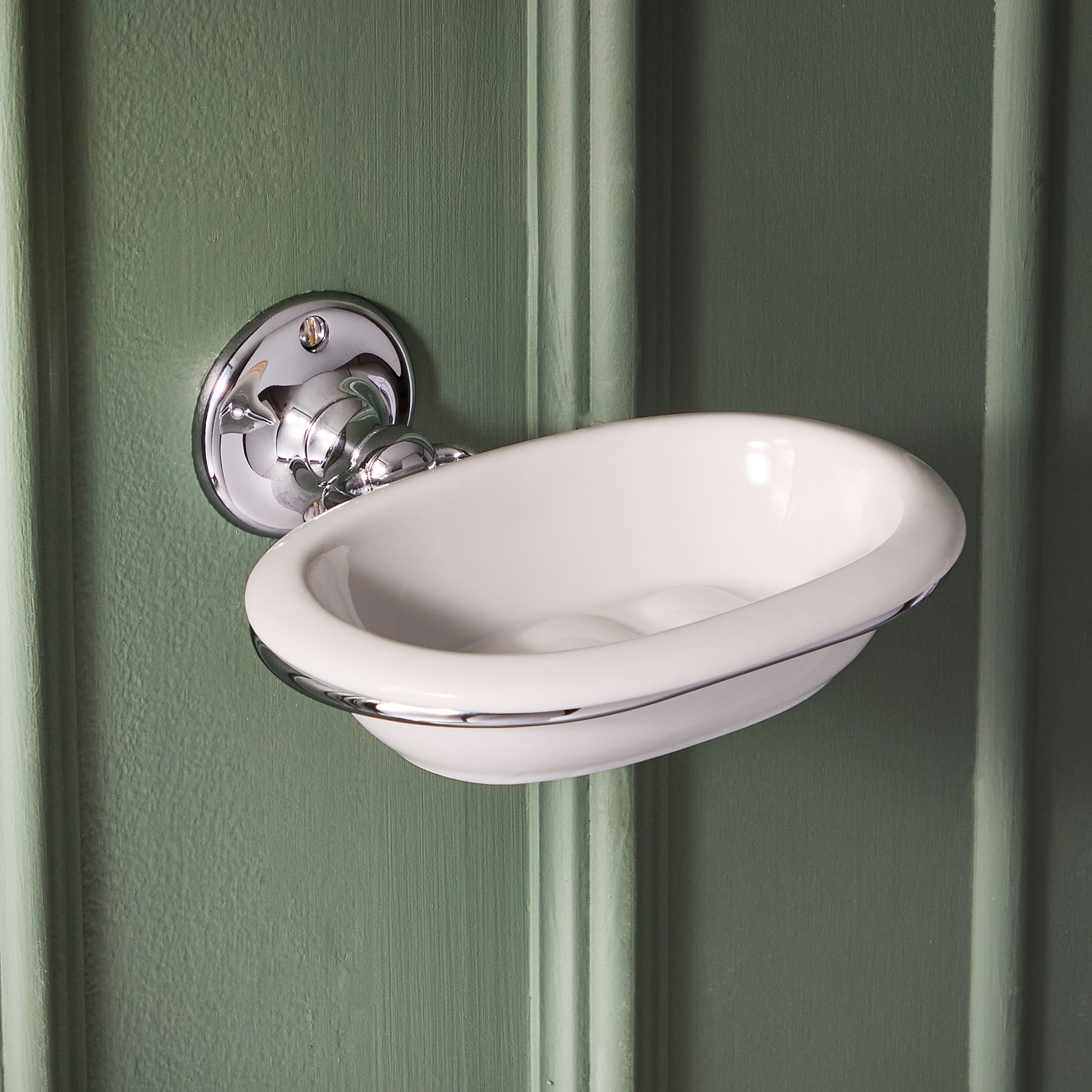 Porte-Savon Accessoire Salle de Bain Céramique Blanche & Métal Chromé