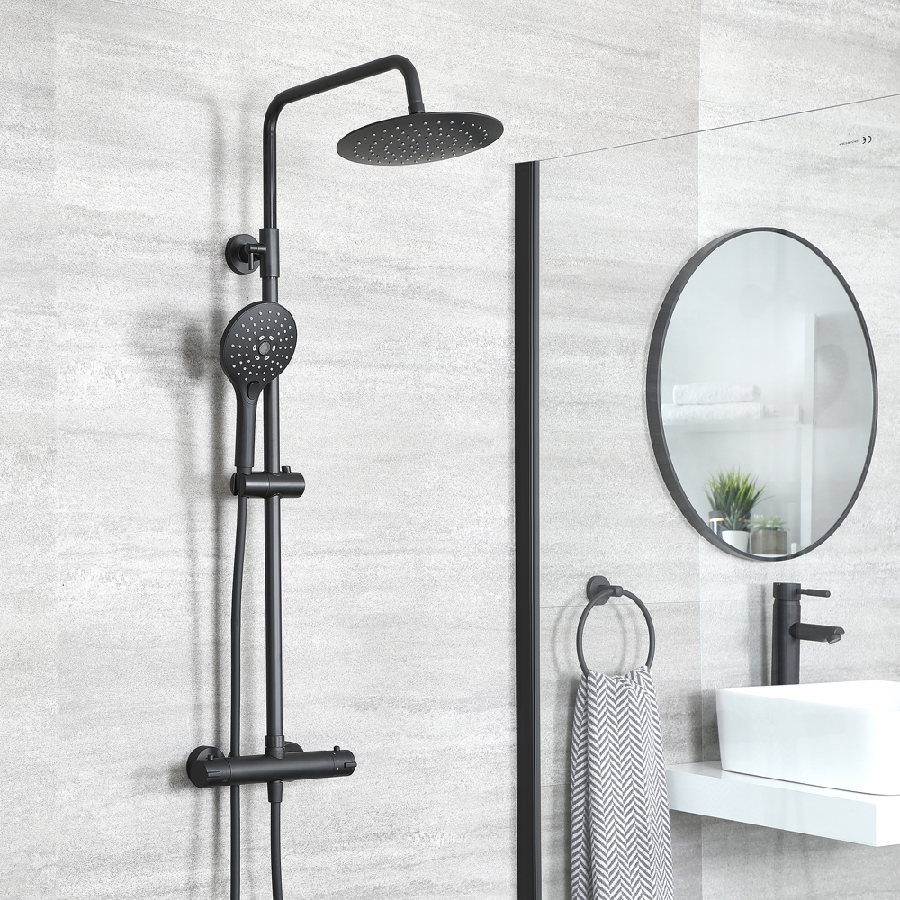 Colonne de douche thermostatique avec mitigeur barre rond, douchette et pommeau de douche – Noir - N