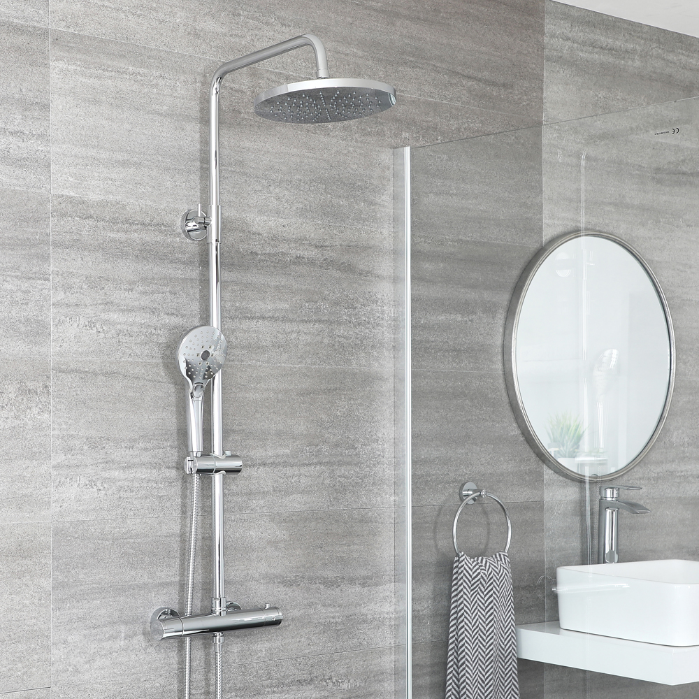 Colonne de douche thermostatique avec mitigeur barre rond, douchette et pommeau de douche – Chromé -
