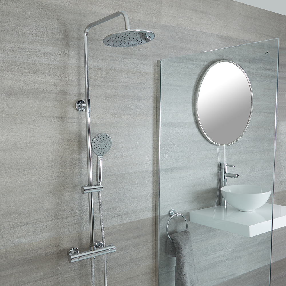 Colonne+de+Douche+Thermostatique+Mitigeur+Barre+Pommeau+Rond+Douchette+–+Chrome