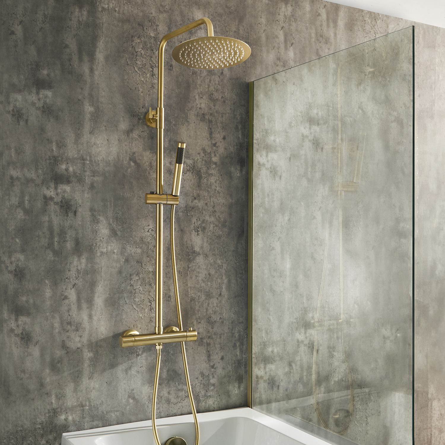 Colonne+de+douche+thermostatique+-+Or+dore+laiton+-+Moderne+-+Pluie+%26+Douchette+-+Hudson+Reed