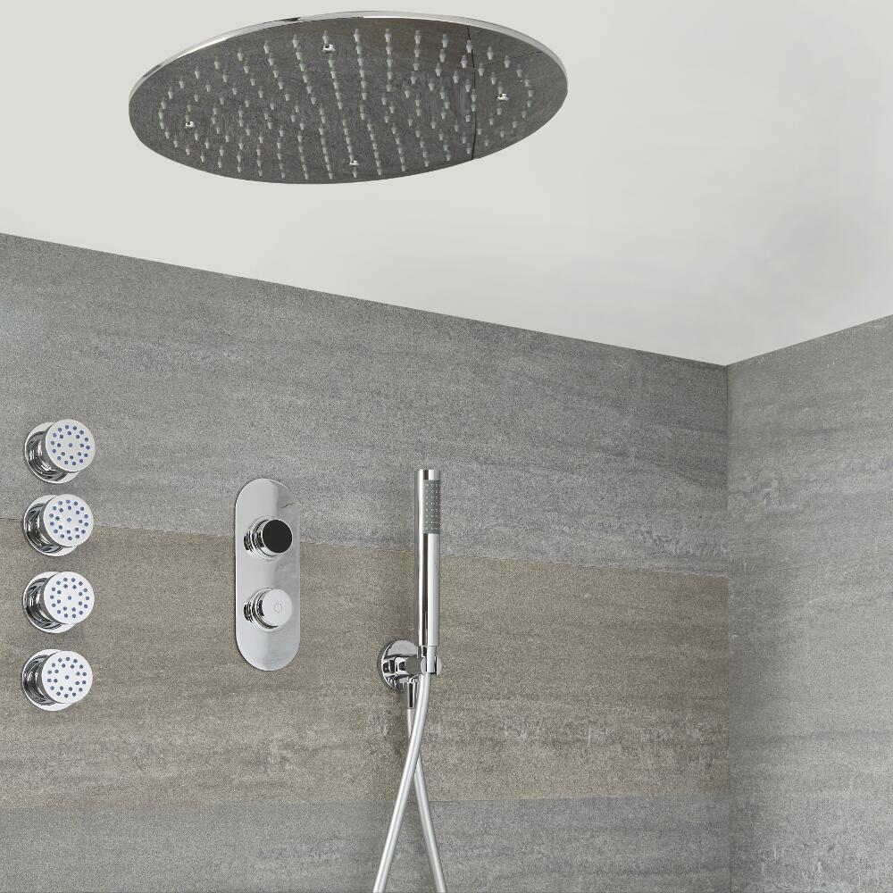 Douche Digitale Thermostatique 3 fonctions - Pommeau Plafonnier Ø 40cm - Douchette & 4 jets Hydromas
