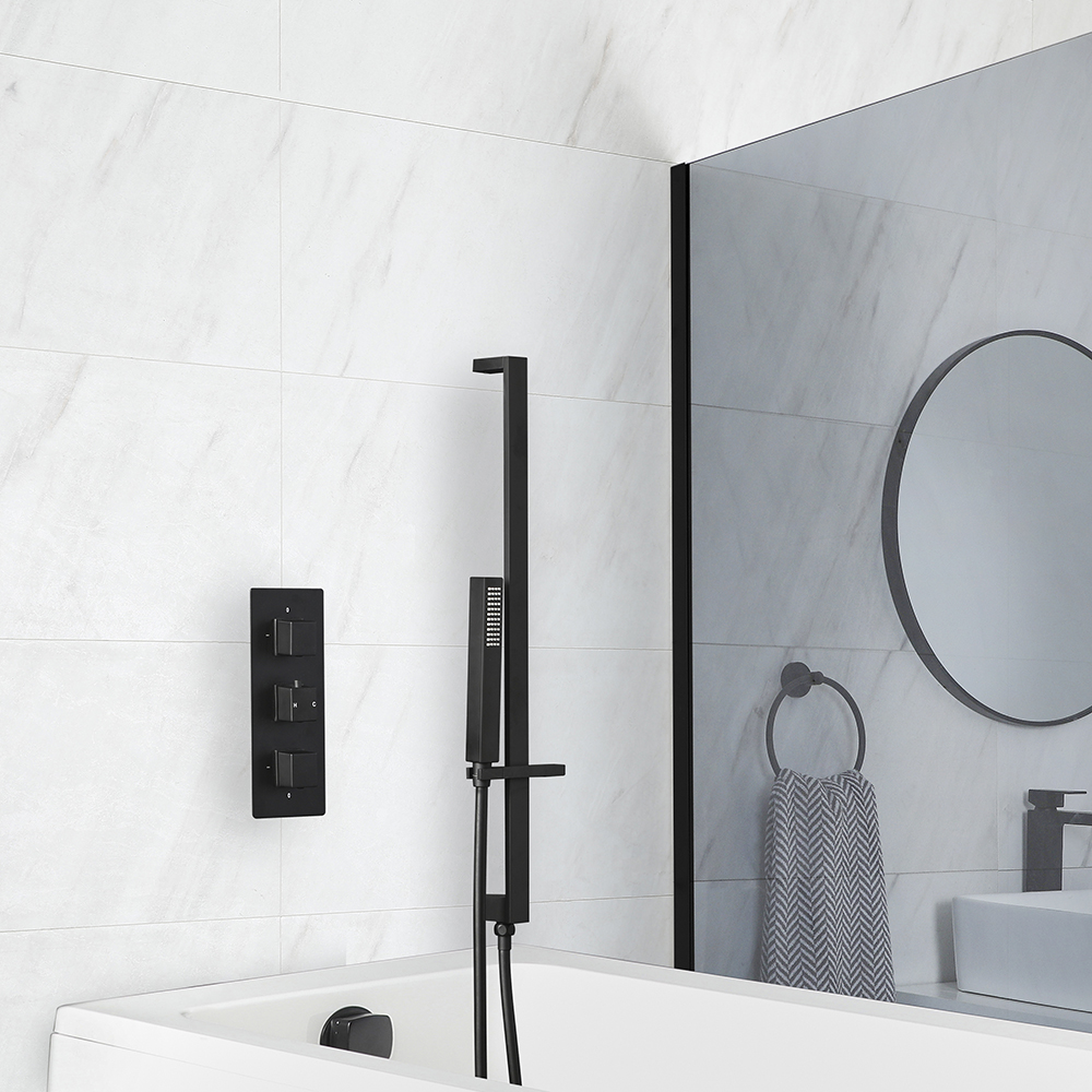 Kit bain douche thermostatique avec vidage remplissage baignoire et kit douchette sur rampe – Noir m
