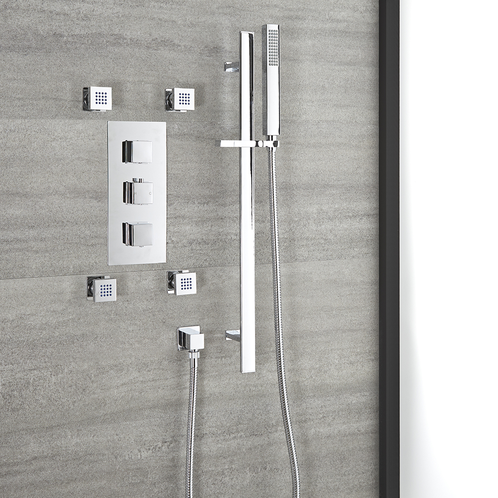 Kit de douche thermostatique – Kit douchette sur rampe et buses hydromassantes – 2 fonctions – Chrom