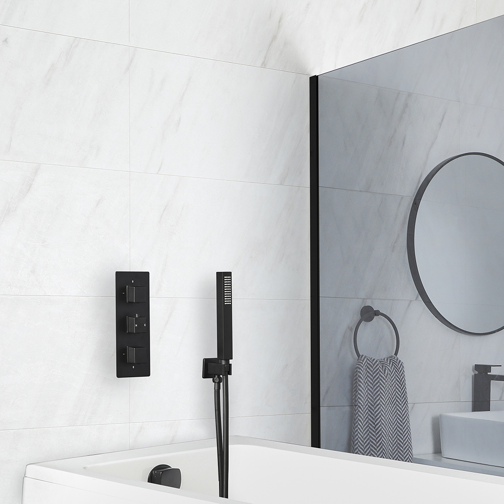 Kit bain douche thermostatique avec kit douchette et vidage remplissage baignoire – Noir mat – 2 fon