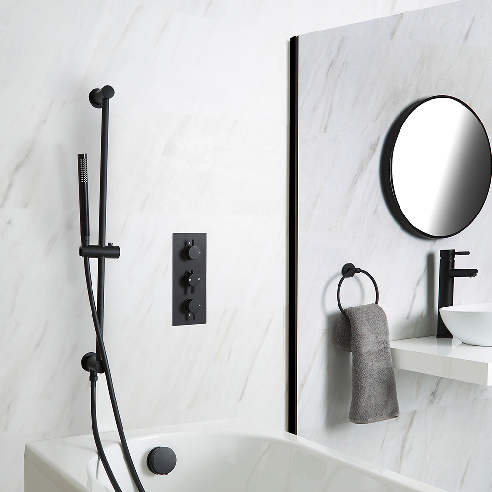 Kit de douche thermostatique avec mitigeur, kit vidage-remplissage et kit douchette sur rampe – Noir
