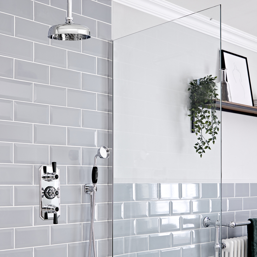 Kit de douche thermostatique à 2 fonctions - Pommeau de douche Ø20 cm, bras plafonnier et kit douche