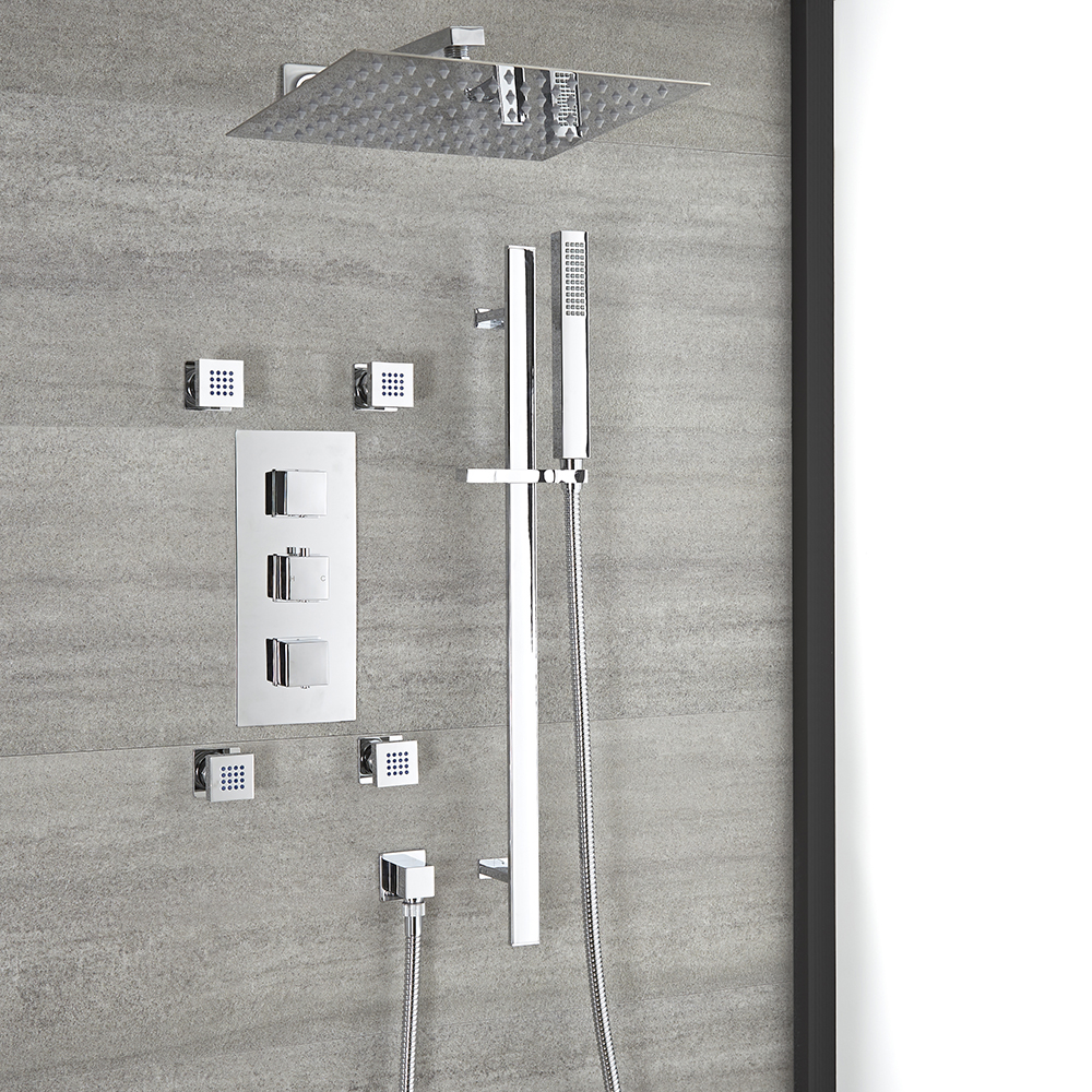 Kit de douche thermostatique avec inverseur – Pommeau, buses hydromassantes et kit douchette sur ram