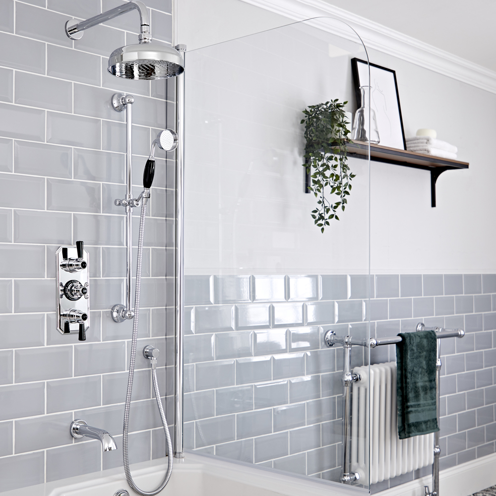 Kit de douche thermostatique à 3 fonctions avec inverseur - Pommeau de douche Ø 20 cm, bec verseur b