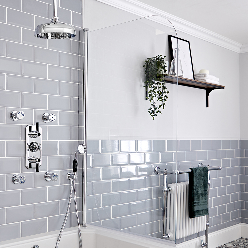 Kit de douche thermostatique à 3 fonctions avec inverseur - Pommeau de douche Ø 20 cm, kit douchette