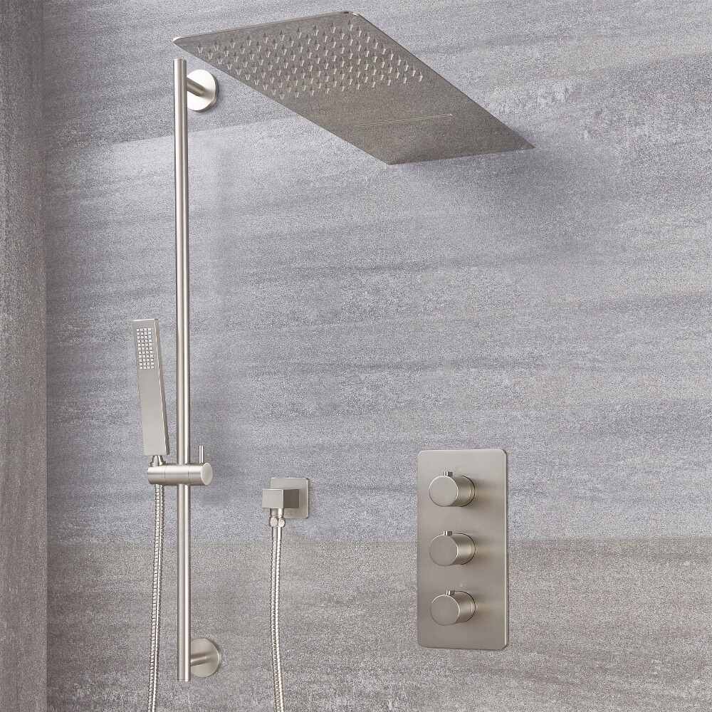 Mitigeur Thermostatique Douche - Pommeau Cascade & Kit Douchette - Nickel Brossé - Harting