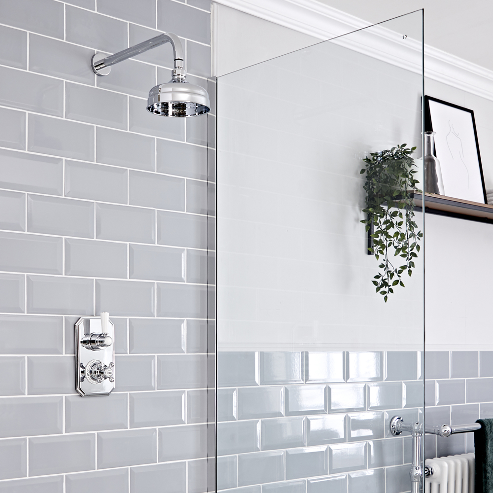 Kit de douche thermostatique 1 fonction - Pommeau rond Ø 15 cm - Bras mural – Chromé et blanc - Eliz