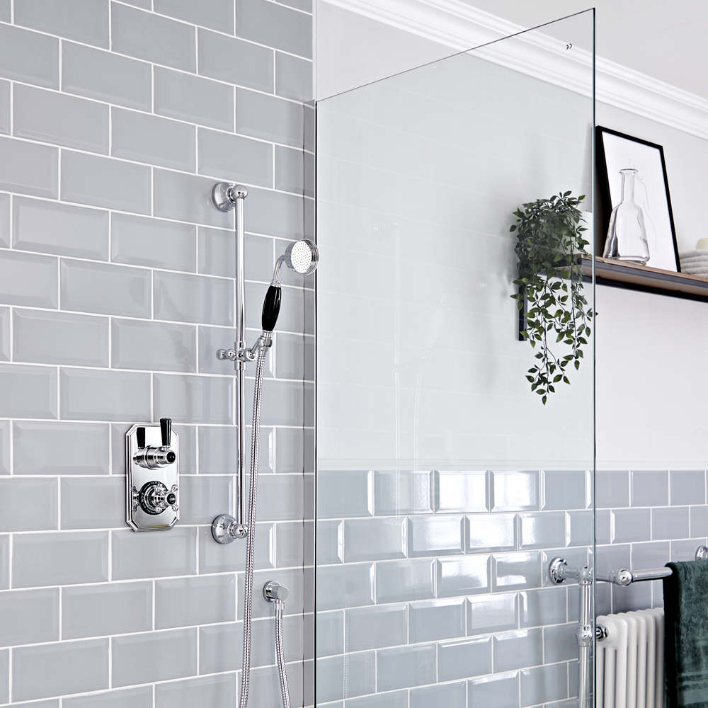 Kit de douche thermostatique 1 fonction – Douchette sur rampe – Chromé et noir - Elizabeth