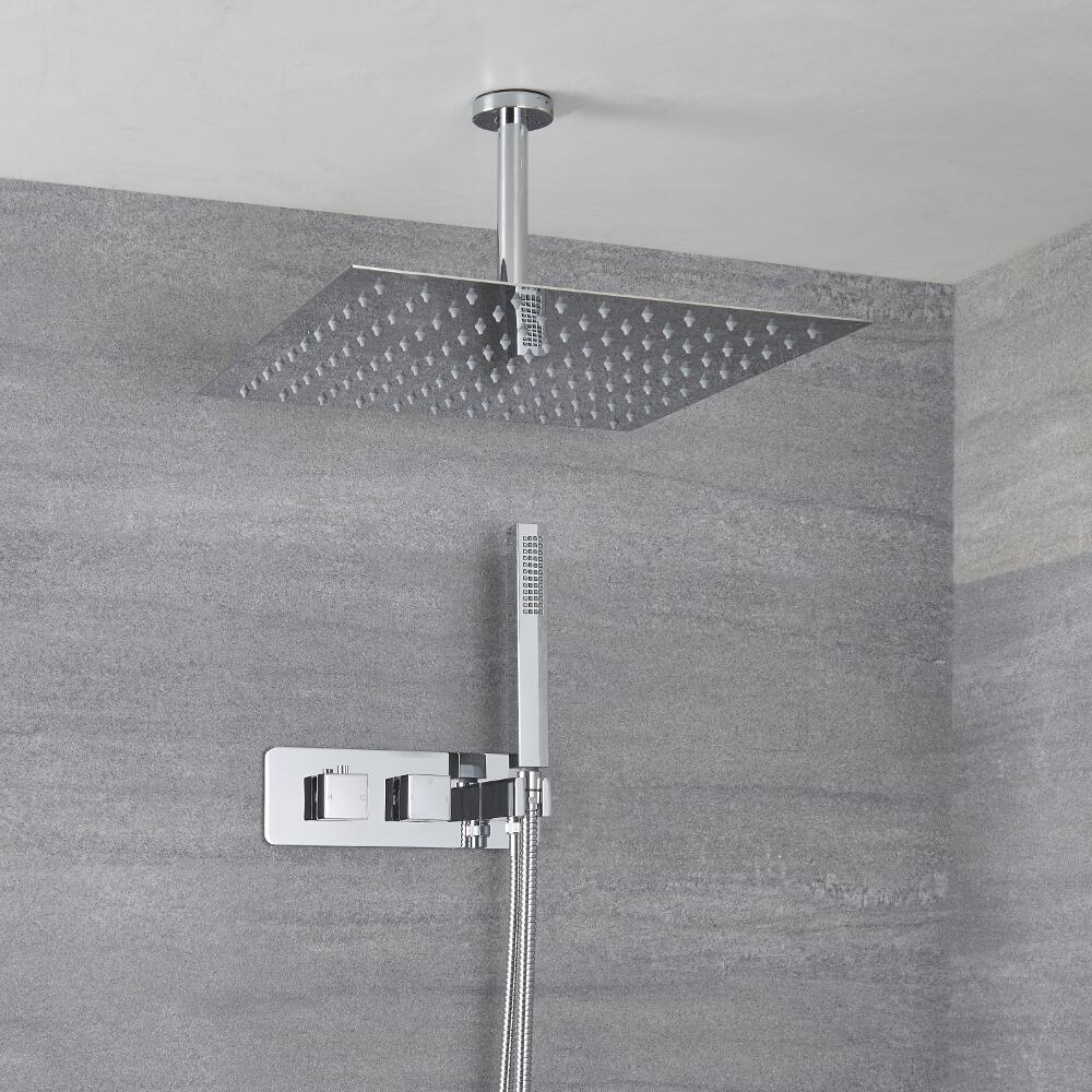 Mitigeur thermostatique avec pommeau de douche plafonnier carré et douchette – Chromé - Kubix