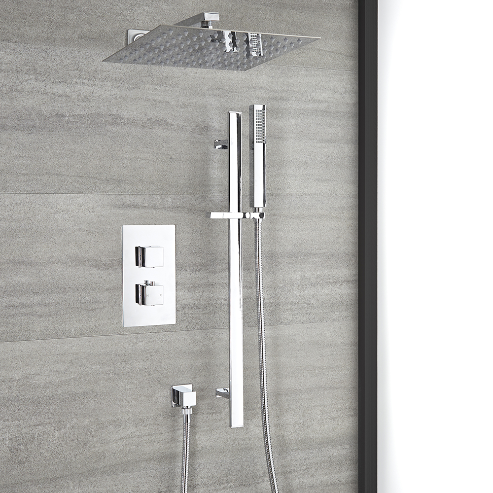 Kit de douche thermostatique avec inverseur – Pommeau et kit douchette sur rampe – 2 fonctions – Chr