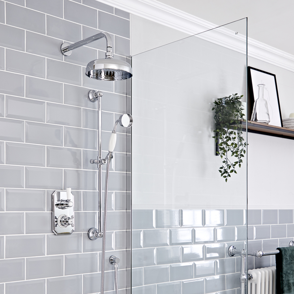 Kit de douche thermostatique 2 fonctions avec inverseur - Pomme de douche ronde Ø 20 cm et kit douch