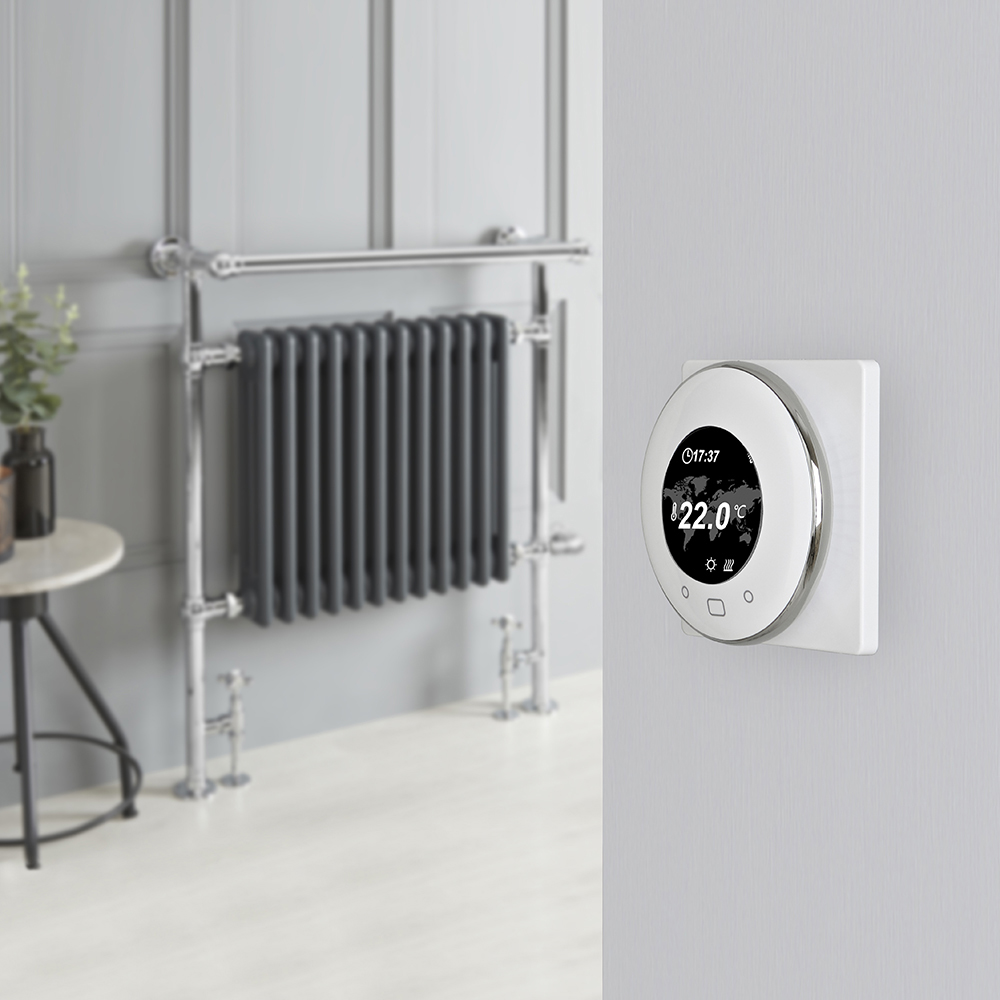 Sèche-serviettes mixte - Design rétro - Anthracite – 93 x 79 cm - Avec barre déportée – Avec thermostat Wi-Fi - Cache-câble - Elizabeth - Hudson Reed