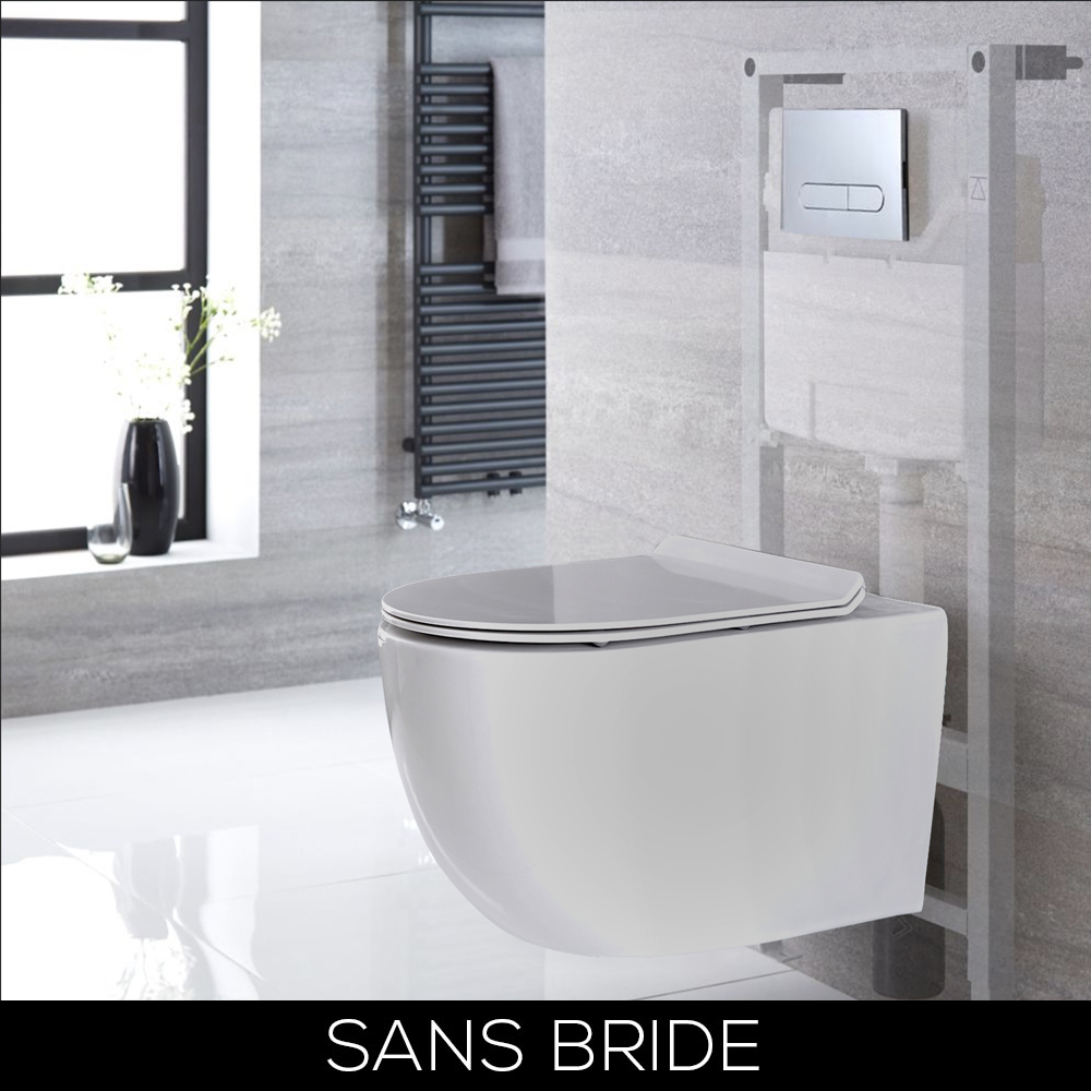 WC suspendu sans bride avec bâti support haut – Blanc – Choix de plaque de déclenchement – Otterton