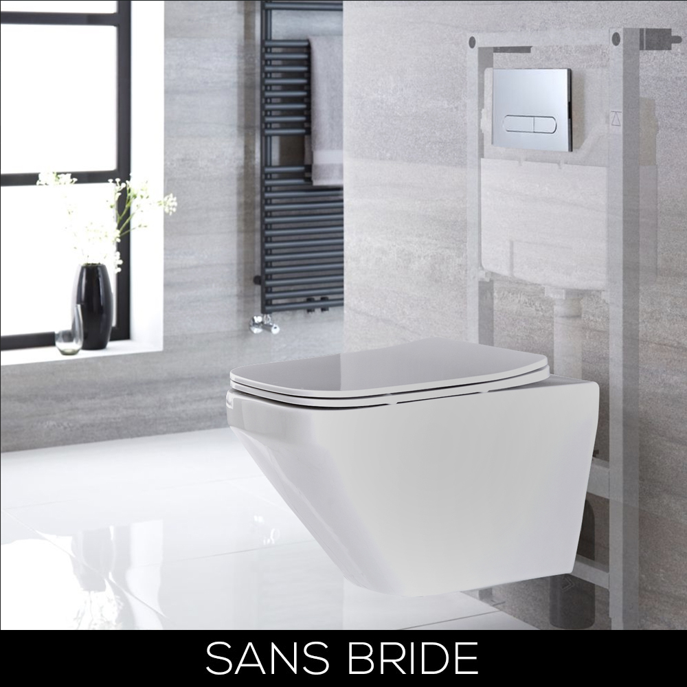 WC suspendu sans bride avec bâti support haut – Blanc – Choix de plaque de déclenchement – Exton