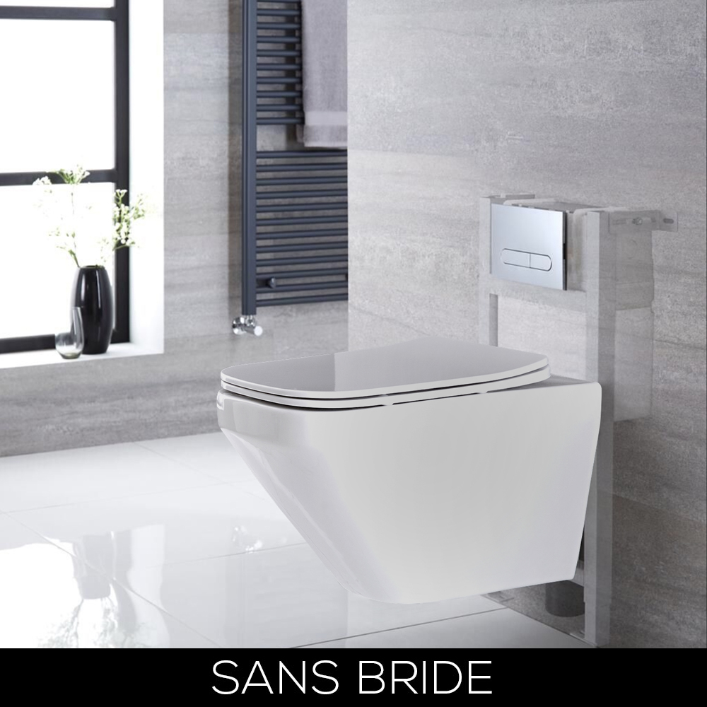 WC suspendu sans bride avec bâti support – Blanc – Choix de plaque de déclenchement – Exton